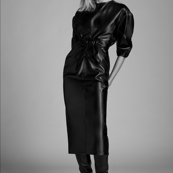 Zara | Dresses | Zara Faux Leather Draped Midi Dress With Belt | Poshmark